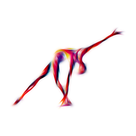 Creative silhouette of gymnastic girl. Art gymnastics yoga girl, illustration or banner template in trendy abstract colorful neon waves style on white backgroundの写真素材