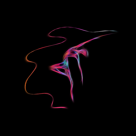 Creative silhouette of gymnastic girl. Art gymnastics with ribbon, illustration or banner template in trendy abstract colorful neon waves style on black backgroundの写真素材