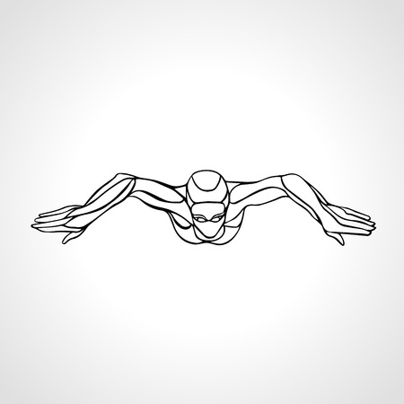 Breaststroke Female Swimmer Black Outline Silhouette. Sport swimming, Breast stroke, front view. Vector Professional Swimming Illustrationのイラスト素材