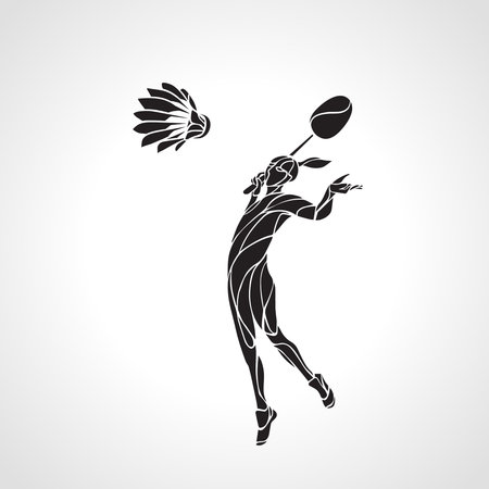 Silhouette of abstract female badminton player doing smash shot. Black and white outline professional badminton player.のイラスト素材