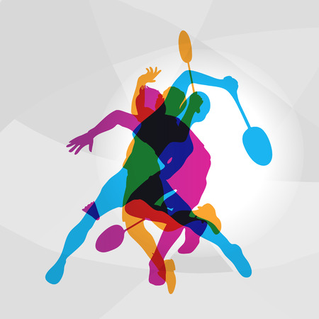 Modern Badminton Players In Action Logo. Color silhouettes of badminton players, sports poster background. Vector eps 10のイラスト素材