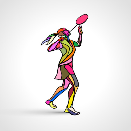 Silhouette of abstract female badminton player doing smash shot. Color illustration of professional badminton player.のイラスト素材