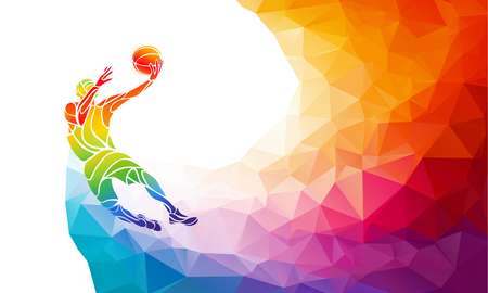 Polygonal geometric professional basketball player on colorful low poly background doing jump shot with space for poster, web, leaflet, magazine. illustrationのイラスト素材