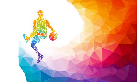 Polygonal geometric professional basketball player on colorful low poly background doing jump shot with space for  poster, web, leaflet, magazine. illustrationのイラスト素材