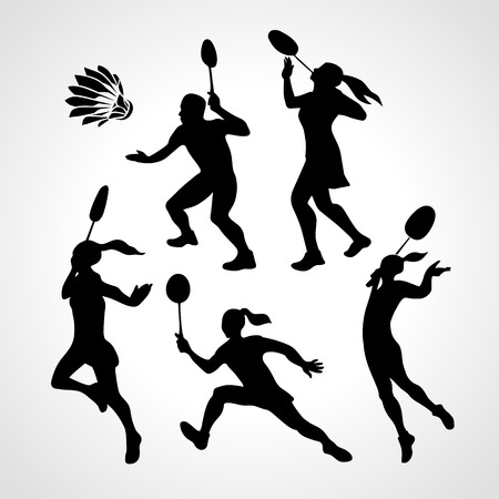 Badminton Players Silhouettes Set. Men silhouettes play Badminton . Collection of sportsmen. illustrationのイラスト素材