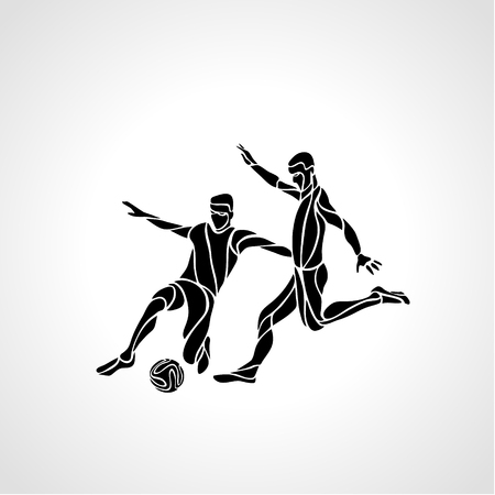 Soccer or football players kicks the ball, sportsman silhouetteのイラスト素材