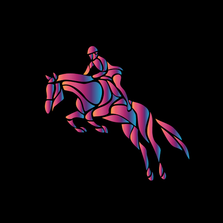 Horse race. Equestrian sport. Silhouette of racing horse with jockey on black background. Horse and rider. Racing horse and jockey abstract silhouette. Vector.のイラスト素材