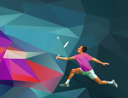 Polygonal geometric realistic professional badminton player on colorful low poly background. Vector illustrationの写真素材