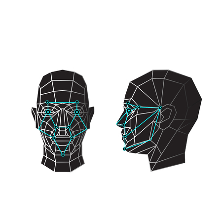 Face recognition - biometric security system. Face scanning, front view, side view of human head. Vector illustrationのイラスト素材