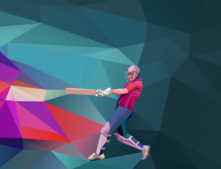 Low polygon style illustration of a cricket player batsman with bat batting set on colorful background. Horisontal view. Eps 10のイラスト素材