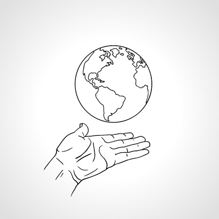 Earth in hand in retro style. Palm hold the globe. Environment concept. Vintage hand drawn sketch vector illustration white background.のイラスト素材