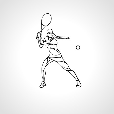 Tennis player female stylized outline silhouetteのイラスト素材