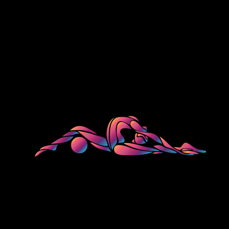 Creative silhouette of gymnastic girl with ball. Art gymnastics woman, illustration or banner template in trendy abstract colorful neon fluid waves style on black backgroundのイラスト素材