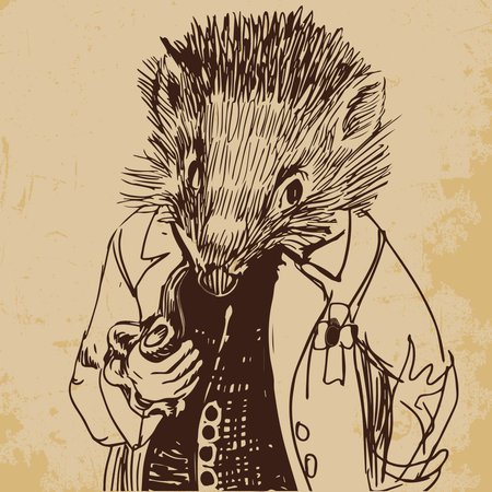 Hedgehog dressed up in a jacket with a pipe hand drawn sketchのイラスト素材