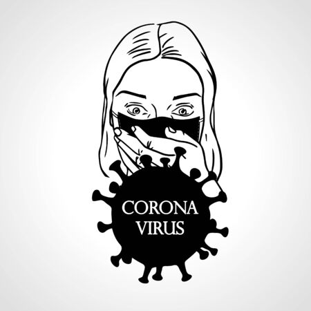 Young woman face in respiratory protective mask and coronavirus cell disease. Coronavirus flu. Dangerous cases of flu. Medical health risk. Vector illustrationのイラスト素材