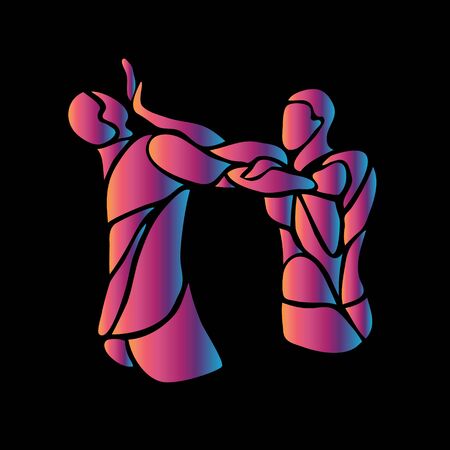 MMA fighters abstract neon silhouettes on black. Boxing iconのイラスト素材