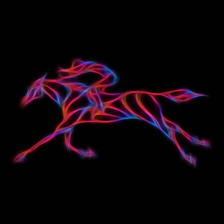 Horse race. Equestrian sport. Silhouette of racing horse with jockey neon color on black background. Horse and rider. Racing horse and jockey abstract silhouette.の写真素材