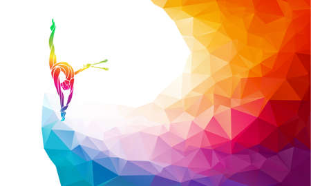 Creative silhouette of gymnastic girl. Art gymnastics with clubs, colorful vector illustration with background or banner template in trendy abstract colorful polygon style and rainbow backのイラスト素材