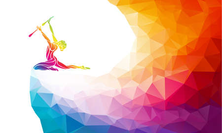 Creative silhouette of gymnastic girl. Rhythmic gymnastics with clubs, colorful vector illustration with background or banner template in trendy abstract colorful polygon style and rainbow backのイラスト素材