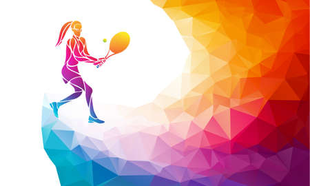 Creative silhouette of female tennis player. Racquet sport vector illustration or banner template in trendy abstract colorful polygon style with rainbow backのイラスト素材