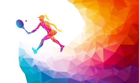 Creative silhouette of female tennis player. Racquet sport vector illustration or banner template in trendy abstract colorful polygon style with rainbow backのイラスト素材