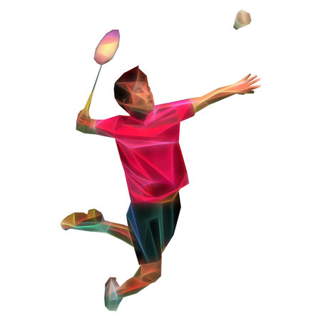 Polygonal professional badminton player on colorful low poly background doing smash shot on white backgroundの写真素材