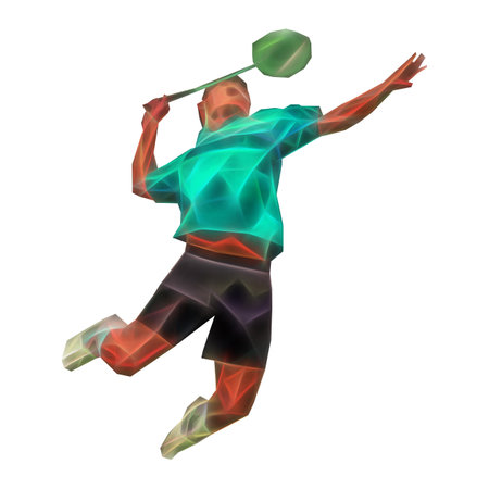 Polygonal professional badminton player on colorful low poly background doing smash shot isolated on white backgroundの写真素材
