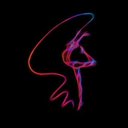 Creative silhouette of gymnastic girl. Art gymnastics with ribbon on blackの写真素材