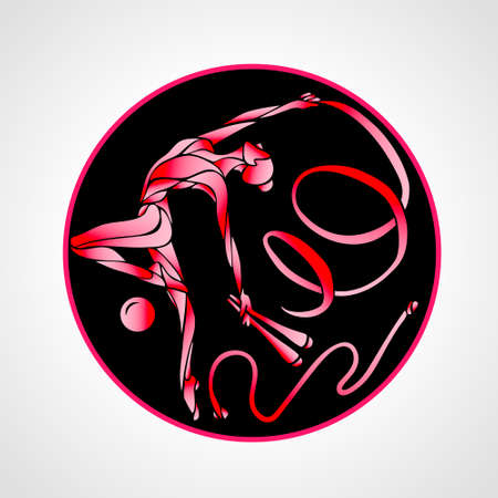 gymnastic girl in a circle with hoop, clubs, a ribbon, skipping rope and a ballのイラスト素材