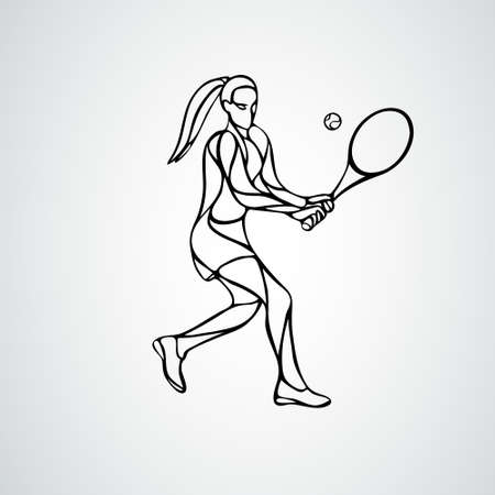 Tennis player female stylized outline vector silhouetteのイラスト素材