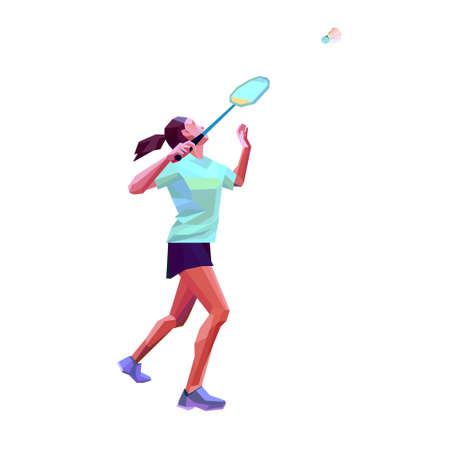 Polygonal professional female badminton player. Vector illustrationのイラスト素材
