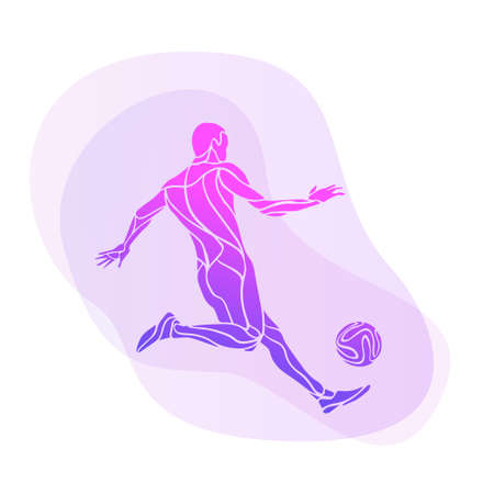 Soccer player kicks the ball. Purple vector illustrationのイラスト素材