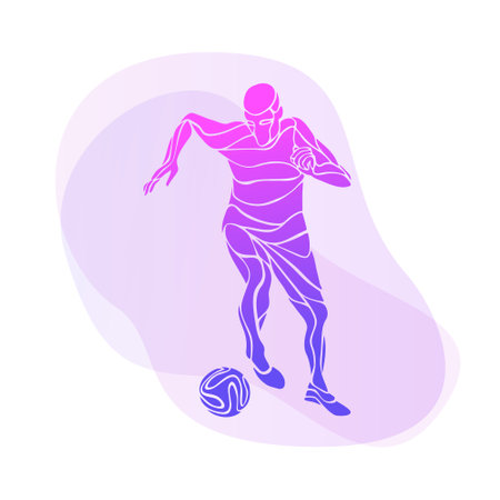 Soccer player kicks the ball. Purple vector illustrationのイラスト素材
