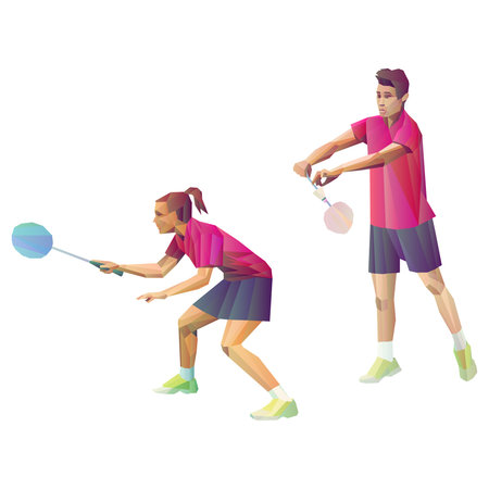 Badminton players mixed doubles team, man and woman start badminton game, vector badminton serveのイラスト素材