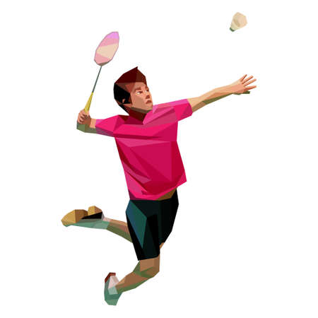 Polygonal geometric professional badminton player doing smash shot isolated on white background vector clipartのイラスト素材
