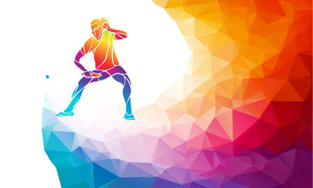 Table tennis player.  vector illustration or banner template in trendy abstract colorful polygon style with rainbow backのイラスト素材
