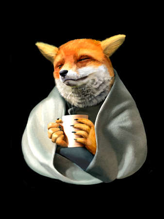 Red Fox Sitting Wrapped in Blanket with a Coffee Mugの写真素材