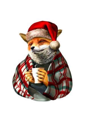 Red Fox Sitting Wrapped in Blanket in Santa Hat with a Coffee Mugの写真素材