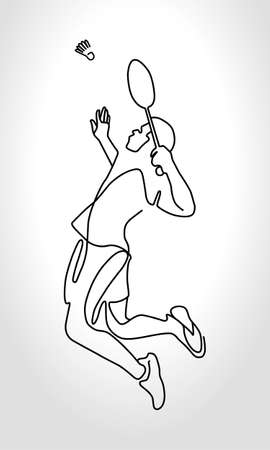 Single continuous one line drawing of badminton player jump and smash the shuttlecock. Sport exercise concept. Trendy one line draw design vector illustration for badminton tournament publicationのイラスト素材