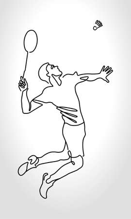 Single continuous one line drawing of badminton player jump and smash the shuttlecock. Sport exercise concept. Trendy one line draw design vector illustration for badminton tournament publicationのイラスト素材