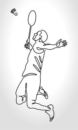 Single continuous one line drawing of badminton player jump and smash the shuttlecock. Sport exercise concept. Trendy one line draw design vector illustration for badminton tournament publicationのイラスト素材