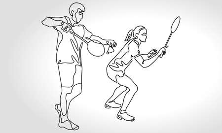 Single continuous one line drawing of mixed doubles badminton team. Sport exercise concept. Trendy one line draw design vector illustration for badminton tournament publicationのイラスト素材
