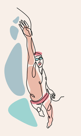 Single continuous line drawing of front crawl freestyle professional swimmer man focus training in gym swimming pool center. Trendy one line art draw design graphic vector illustrationのイラスト素材