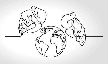 Continuous one line drawing of hands protecting Earth globe isolated on white background. Earth Day theme. A human hands holding world planet earthのイラスト素材