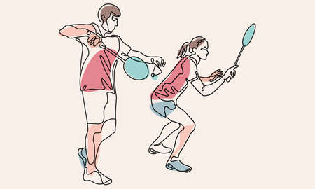 Single continuous one line drawing of mixed doubles badminton team. Sport exercise concept. Trendy one line draw design vector illustration for badminton tournament publicationのイラスト素材