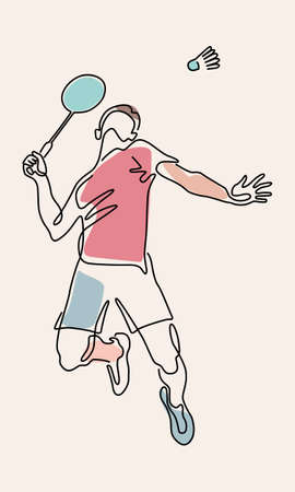 Single continuous one line drawing of badminton player jump and smash the shuttlecock. Trendy monoline draw design vector illustration for badminton tournament publicationのイラスト素材