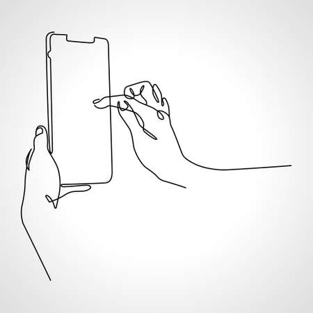 Continuous phone in hand line vector illustration isolated on white background. Smartphone in arm one line. touch the screenのイラスト素材