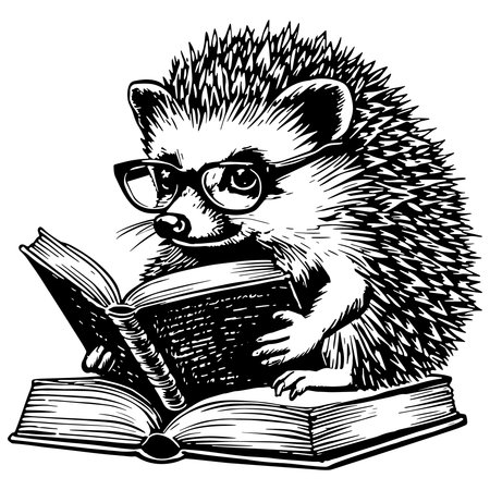 Cute Cartoon Hedgehog In Glasses Reading a Book. Vector Illustration.のイラスト素材