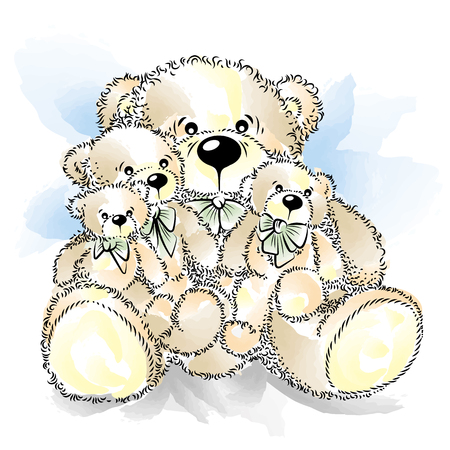 Drawing Teddy Bears with bow. Color vector illustrationのイラスト素材