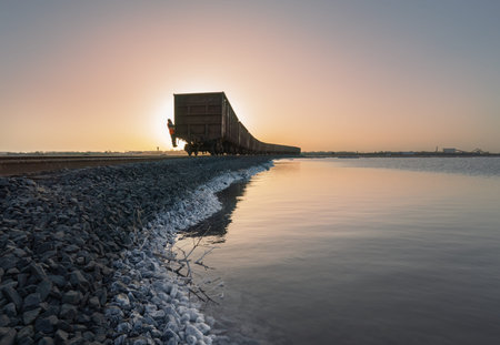 Salt mining train that transports salt extracted in Lake Baskunchakの写真素材